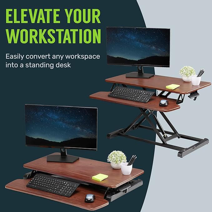 TechOrbits Standing Desk Converter - 42 Inch Adjustable Sit to Stand Up Desk Workstation, MDF Wood, Ergonomic Desk Riser with Keyboard Tray, Desktop Riser for Home Office Computer Laptop, Black 42" - size: 42" MDF Wood