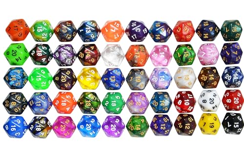 SmartDealsPro 50-Pack D20 20 Sided Dice Polyhedral Dice with Pouch for DND RPG MTG Table Game (D20, Mix Color) - color: Mix Color, style: D20