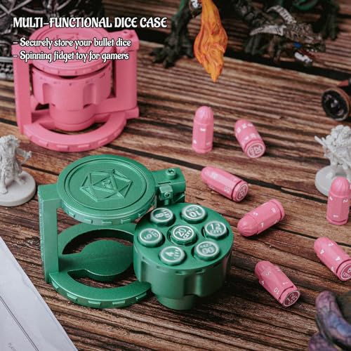 CZYY Metal Polyhedral Bullet Dice Set with Spinning Revolver Cylinder Case | Complete 7-Dice Set, Solid Metal, RPG Fidget Tool, Accessories for DND, Sci-Fi, Western & Tabletop Game Themes, Green - color: Green