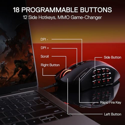 Redragon M921 Wired RGB MMO Gaming Mouse 12400 DPI Remapping Keys | Stable Lag-Free Connection, Smooth Precise Tracking, Custom Macro Keybinds, Vibing Backlight, Ergonomic Grip Body Comfort