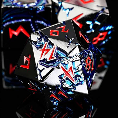 Blue Dragon Metal DND Dice Set, 7 Piece Weighted Polyhedral Dice for Dungeons and Dragons, Heavy Zinc Alloy RPG Dice with Engraved Numbers & Storage Gift Case for Pathfinder MTG Role Playing Games - color: Black Red