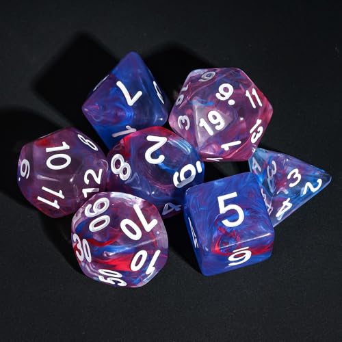 7-Die DND Dice Set Polyhedral Dice Set with a Leather Dice Bag, D&D Dice Set for RPG Table Games (Transparent Blue Mix Red) - color: Blue Mix Red