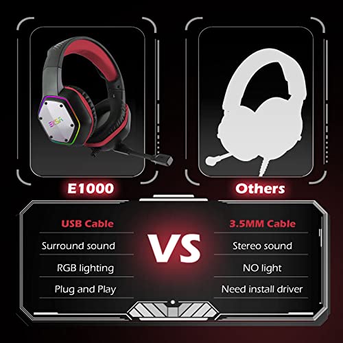 EKSA E1000 Gaming Headset, Computer Headphones with Noise Canceling Mic & RGB Light, 7.1 Surround Sound, Compatible with PC, PS4 PS5 Console, Laptop (Red) - color: Red