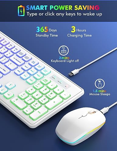 Wireless Keyboard and Mouse - RGB Backlit, Rechargeable & Light Up Letters, Full-Size, Ergonomic Tilt Angle, Sleep Mode, 2.4GHz Quiet Keyboard Mouse for Mac, Windows, Laptop, PC, Trueque(White) - color: White