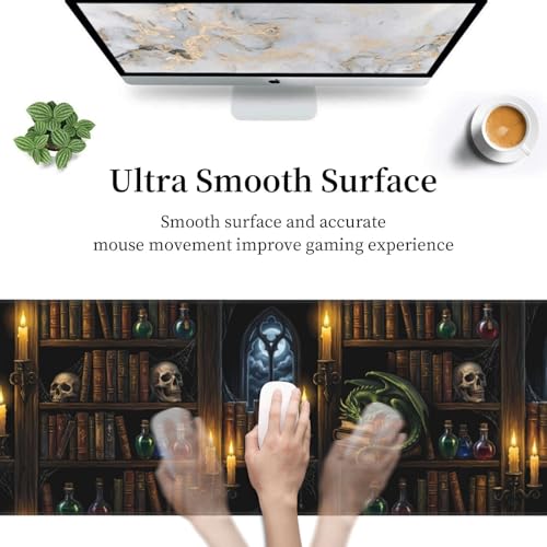 Wizard Library Large Gaming Mouse Pad 31.5 x 11.8 in Gothic Dragon & Magic Potions Desk Mat - Extended Non-Slip Rubber Base with Stitched Edges for Office & Home - color: 19