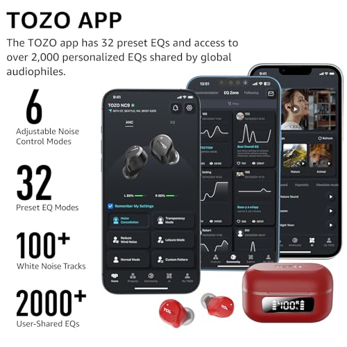 TOZO NC9 Hybrid Active Noise Cancelling Wireless Earbuds, 60H, LED Display | 6 Mic ENC Clear Calls, Deep Bass Sound, IPX8 Waterproof, in Ear Bluetooth 5.3 Headphones,32 EQs via APP, Comfort Fit Ear Buds - color: Red
