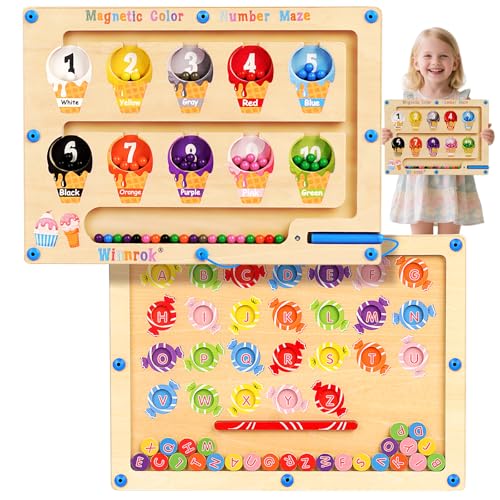 2 in 1 Magnetic Color and Number Maze, ABC Alphabet Puzzles Board Magnet Ice Cream Toys, Montessori Educational Magnet Puzzle, Preschool Learning Counting Toys for 2 3 4 5 Birthday Gifts - style: Ice Cream+Candy