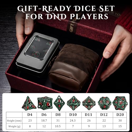 MoKo Dragon Hollow Metal DND Dice Set, Green+Red | 7 Pcs Polyhedral, D20 D12 D10 D8 D6 D4, For Dungeons and Dragons RPG Games, With Gift Box - color: 4 - Dark Green+red