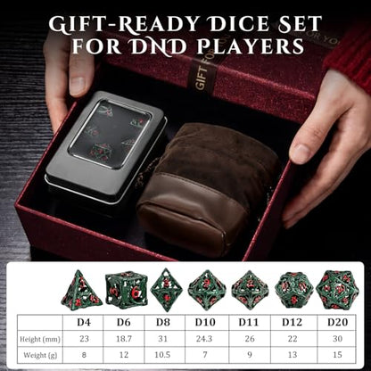 MoKo Dragon Hollow Metal DND Dice Set, Green+Red | 7 Pcs Polyhedral, D20 D12 D10 D8 D6 D4, For Dungeons and Dragons RPG Games, With Gift Box - color: 4 - Dark Green+red