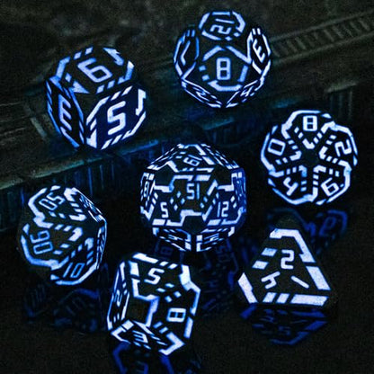 Metal DND Sci-fi Dice Set 7PCS Luminous Purple Stripe Polyhedral Dice for Dungeons Dragons RPG Role Playing Game, Glitter D and D Dice with Gift Box D6 D8 D10 D12 D20 - color: Nightlight - Purple