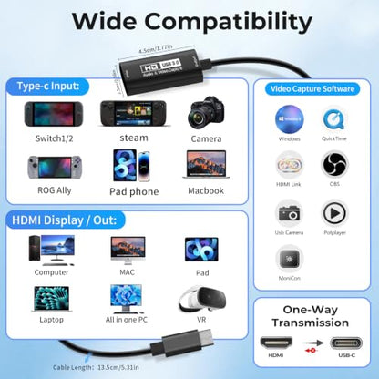 GUERMOK Video Capture Card, USB3.0 HDMI to USB-C Capture Device, 2K@30FPS | Stream & Record Gameplay at 1080P@60FPS, Compatible with Mac OS, Windows, Quest 3, OBS, Zoom, PS5/4, Switch, Xbox (Black) - color: Black