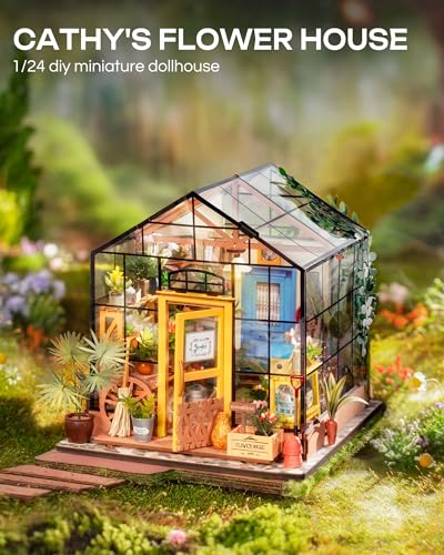 Rolife Greenhouse DIY Miniature Dollhouse Kit Creative Gift for Adults | 1:18 Scale Cathy's Flower House with LED Light, Wooden 3D Puzzle Model Kit, Diorama Craft Set for Home Decor Display