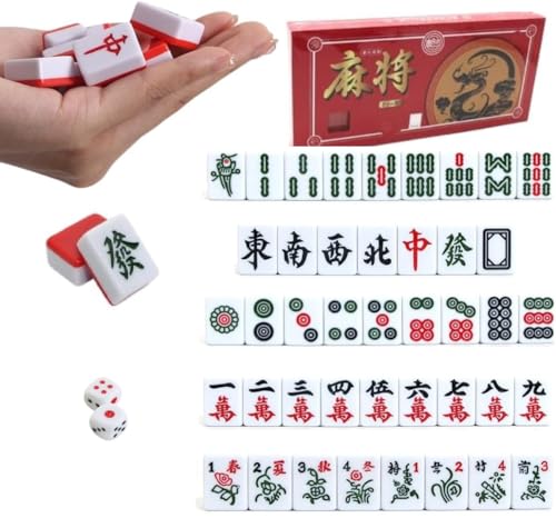Red Mini Mahjong Set 麻将 Waterproof Mahjong Portable Mini Mahjong Internet Celebrity Creative Portable Outdoor Travel Mahjong with gife Box Carrying Travel Dragon Case,Mahjong Tile Game,2 Dice 4 Racks
