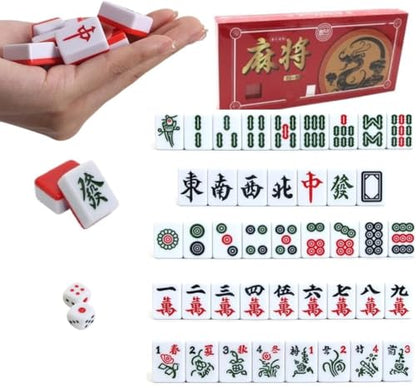 Red Mini Mahjong Set 麻将 Waterproof Mahjong Portable Mini Mahjong Internet Celebrity Creative Portable Outdoor Travel Mahjong with gife Box Carrying Travel Dragon Case,Mahjong Tile Game,2 Dice 4 Racks