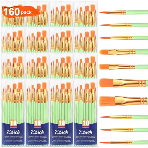 ESRICH Paint Brushes Set,16 Packs 160 Pcs Acrylic Paint Brush Set,Acrylic Oil Watercolor, Face Nail Art, Miniature Detailing,Rock Painting,Painting Artist Professional Kits(Green) - color: Green, size: 160