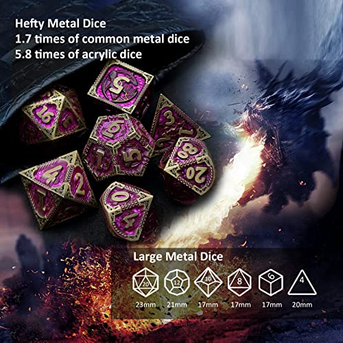 Haxtec Metal Dice Set Purple Black Dragon Pattern Metal DND Dice with Leather Dice Bag Polyhedral D&D Dice Compatible with Dungeons and Dragons TTRPG Gifts - color: Bronze Matt Purple