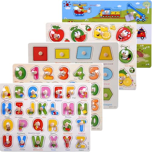 Montessori Alphabet, Number, Shape, Fruit & Vehicle Wooden Puzzle Set – 5‑in‑1 Learning Toy for Toddlers - style: 5 Pack