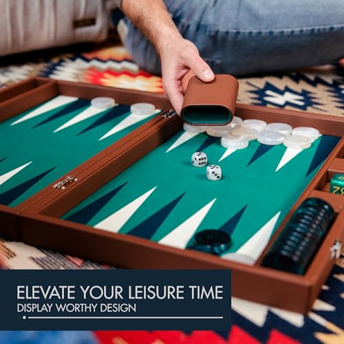 Pointworks 19 Inch Premium Backgammon Sets for Adults Leather Brown - Green. Premium 1.6 Inch Checkers & Dice Set, Travel Backgammon Set, Large, Backgammon Board Game, Backgammon Game Set - color: Brown Case - Green Field