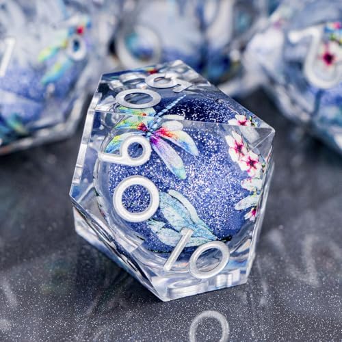 DND Dragonfly Dice 7PCS Polyhedral Sharp Edge Dice Set with Gift Case for Dungeons Dragons Role Playing Game, RPG Resin D and D Dice D6 D8 D10 D12 D20 D% (Silver Blue) - color: Qt-silver Blue