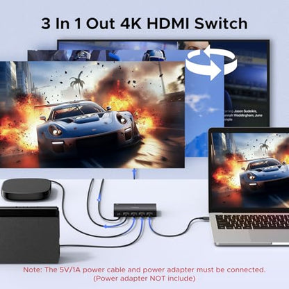 UGREEN HDMI Switch 3 in 1 Out, 4K@60Hz, with Remote, HDR10+, 3D, Dolby | CEC, HDCP2.2, HDMI Splitter, Compatible with Switch 2, PS5/4, Laptop Xbox Roku TV Fire Stick Blu-Ray Player Monitor Projector