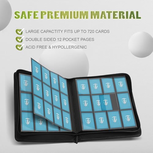 12 Pockets Trading Card Zipper Binder for 720 Cards| Secure Side Loading Pockets | Trading Card Album Folder | Compatible with YuGiOh, MTG(Black 12) - color: Black 12