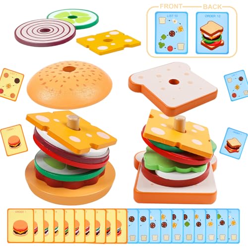 Montessori Toys for 2, 3 Year Old, Wooden Burger Sandwich Stacking Toys for Toddler Educational Toys Fine Motor Skills Foods Preschool Learning Blocks Gifts Boys Girls - color: Set