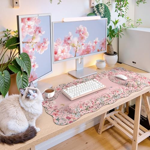 iCasso Desk Mat Set,Large Mouse Pad with Wrist Rest,Ergonomic Keyboard Wrist Support for Women,Girly Floral Computer Mat with Scalloped Edges,Non-Slip Desk Pad Home Office Gaming (Pink) - color: Pink