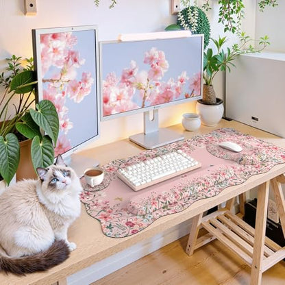 iCasso Desk Mat Set,Large Mouse Pad with Wrist Rest,Ergonomic Keyboard Wrist Support for Women,Girly Floral Computer Mat with Scalloped Edges,Non-Slip Desk Pad Home Office Gaming (Pink) - color: Pink