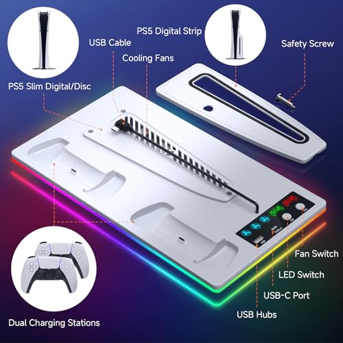 PS 5 Cooling Station Stand RGB with Dual Controller Charging Station for PS 5 Console, PS 5 Accessories Incl. Controller Charger, Cooling Fan, Headset Holder, 3 USB Hub - color: RGB-white