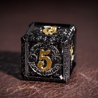 7-Piece Metal Dice Set - Mayan-Themed Zinc Alloy DND Dice for Tabletop Gaming, Gift, and Collecting - color: Mayan-themed-black Gold