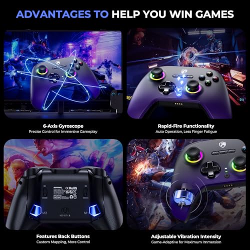 ECHTPower Upgrated PC Gaming Controller TMR Hall Effect Joysticks Anti-Drift & Dual Triggers, 1000Hz Polling Rate, Turbo & Vibration, Programmable Buttons for PC/Switch/Switch 2/iOS/Android with Charging Dock - color: Black Purple