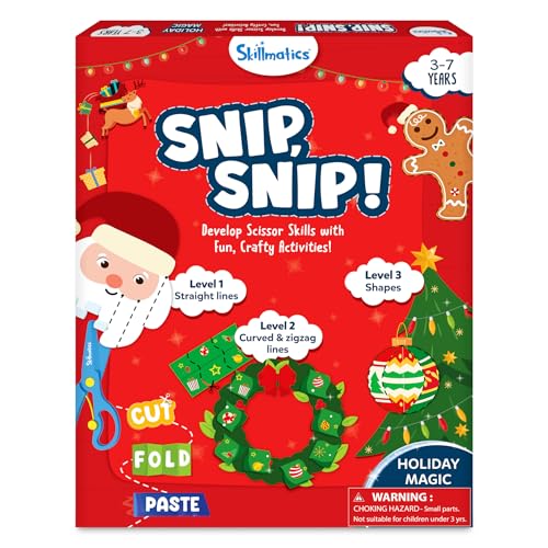 Skillmatics Scissor Skills Preschool Activity Book – Snip Snip Christmas | 25 Cutting Activities for Preschoolers, 2 Child–Safe Scissors, Felt Craft Kit, Fun Gift for Kids Ages 3, 4, 5, 6, 7 - style: 6. Holiday Magic