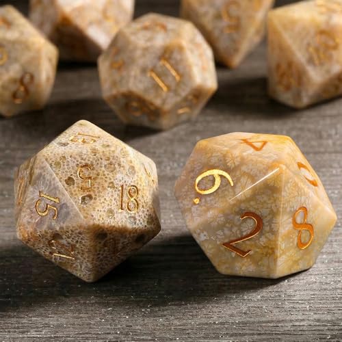 Natura Chrysanthemum Stone Dice Set, 7-Piece Handcrafted Polyhedral Dice with Gold Engraving, Ideal for D&D, RPG, MTG & Tabletop Games, Gift Box Included (Chrysanthemum Stone) - color: Chrysanthemum Stone