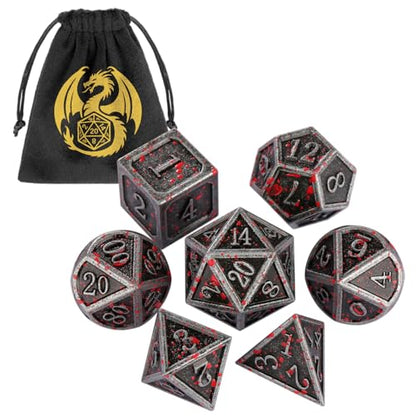 Metal Dice Set, 7pcs Polyhedral Metal DND Dice Set, DND Starter Set, D&D Gifts with Gift Bag, Role Playing Board Games Accessories, Bloodstained Silver - color: Bloodstained Silver + Gift Bag