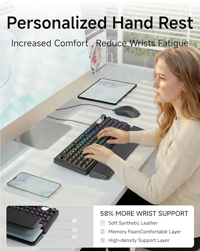 EWEADN Wired Keyboard and Mouse Combo with Detachable Wrist Rest, Quiet Ergonomic Keyboard Mouse Set with Multimedia Knob, RGB Backlit, Double-Shot Keycaps Natural Typing for Laptop, PC - Black - color: Black