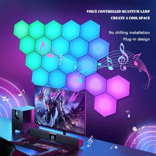 Vcwtty Hexagon Light Panels with App, Music Sync, 6 Pack | RGB Gaming Lights, DIY Modular Design, Sensory Room, Game Room, Party, USB Powered, Wall Decor, Sound Activate - size: 3.8 inches