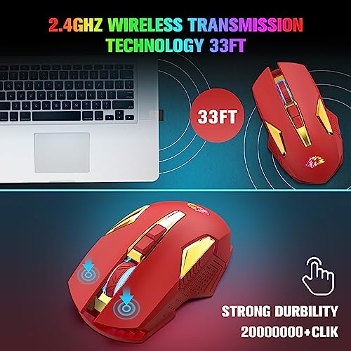 FELICON Wireless Gaming Mouse Rechargeable with Rainbow RGB Backlit,Optical Sensor 3 Level DPI,Ergonomic Gamer Laptop High Performance PC Mice with 8 Buttons for Windows 7/8/10/XP Vista（Red） - color: Red