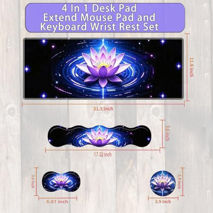 Large Gaming Mouse Pad Set with Wrist Support – 31.5" x 11.8" 4-in-1 XXL Mousepad with Keyboard Wrist Rest, Mouse Wrist Rest & Coaster – Ergonomic Desk Mat for Office, Home – Purple Lotus - color: Purple Lotus
