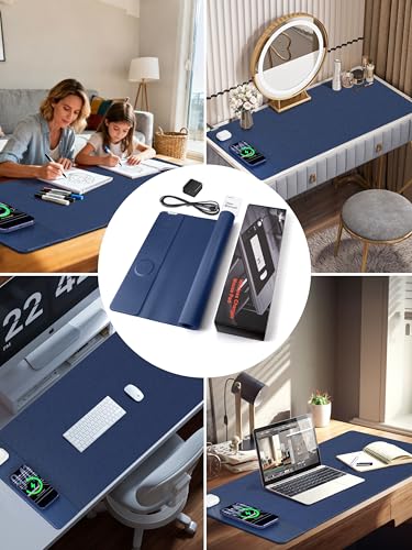 TopMade Mouse Pad with 15W Wireless Charging, XXL Large Leather Desk Mat, Waterproof Gaming Mousepad Home Office Desk Pad Protector, Blue (Includes 20W PD Power Adapter & 6.56ft Woven Cable) - color: Blue With Adapter