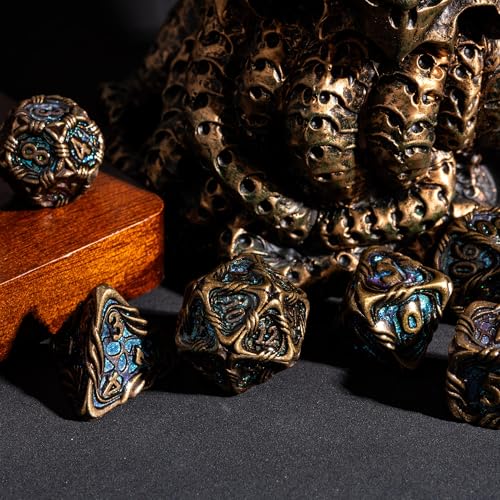 7-Die Metal DND Dice Set Metallic Polyhedral Role Playing Dice | Vine Design PU Leather Pouch Compatible with Dungeons and Dragons RPG Tabletop Board Game Role-Playing Games - color: Vine-bronze Color-changing