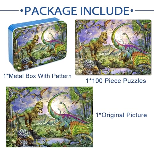 LELEMON Puzzles for Kids Ages 4-6,100 Piece Puzzles for Kids in Metal Box | Dinosaur Educational Kids Puzzles Jigsaw Puzzles,Children 100 Piece Puzzle Games Puzzle Toys for Girls and Boys - color: Dinosaur