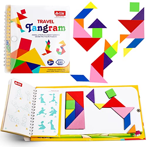 Travel Tangram Puzzle Car Game Magnetic Pattern Blocks Road Airplane Trip Essentials Activities Montessori Educational Toys Brain Teasers Book for Age 4-8 Kids Boys Girls Toddler (240 Solution) - color: 240 Solution