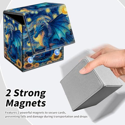 BVDIKMI Card Deck Box for MTG, Card Storage Box Fits 100+ Single Sleeved Cards, PU Leather Strong Magnet Card Deck Case Holder for Magic Commander TCG CCG, Sunflowers Blue Dragon - color: Sunflowers Blue Dragon