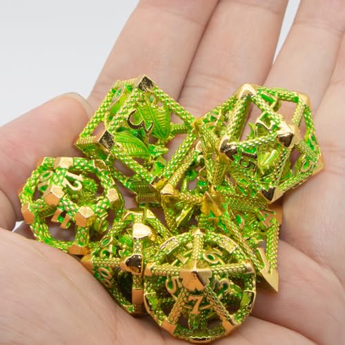 DND Dice,HNCCESG Metal D&D Dice of 7pc,Dungeons and Dragons Dice Set Polyhedral Dice Role Playing Dice Set Hollow Dice Gaming D D Gift for Table Game RPG Shadowrun (Gilt Green) - color: Gilt Green