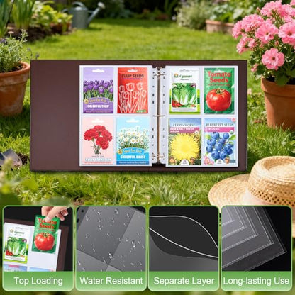 A4 3 Ring Binder Garden Seeds Storage Album with 30 Pcs 3.5x5” Seed Packet Sleeves, PU Leather Hardcover Organization Book for Seed Packet，Photo, Index Card，240 Top Loading Pockets Capacity - color: Black Seed Album