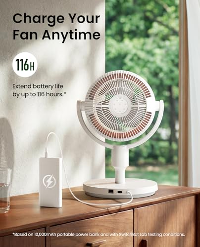 SwitchBot Smart Pedestal Fan, Rechargeable Oscillating Standing Fan for Bedroom, Corded & Cordless, Adjustable Height Floor & Desk Fan, 22dB, Remote & App, Works with Alexa,Google Home,HomeKit,Matter