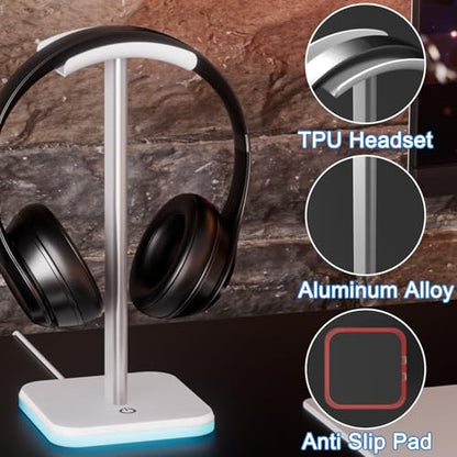 Headphone Stand for Desk - Headset Stand Headphone Holder (RGB-White) | with Aluminum Hanger and Plastic Headrest, headphone holder for AirPods Max, Sony, Bose, Beats and More - color: RGB-White