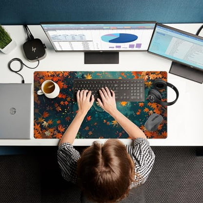 Maple Leaves Desk Mat Gaming Mouse Pad Large, Extended Desk Pad Full Desk Cover Mat, Fall Leaves Laptop Keyboard Pad, Computer Desktop Mat XXL, Aesthetic Fall Desk Accessories 31.5x15.7 Inch - color: Fall Leaf