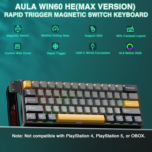 AULA WIN60 HE MAX - 60% Mechanical Gaming Keyboard Wired, Hall Effect Magnetic Switches Hot Swappable, Adjustable Actuation Rapid Trigger Mode, 8000 Hz Polling Rate, 60 Percent Keyboard Compact Design - color: Black&Gray&Yellow