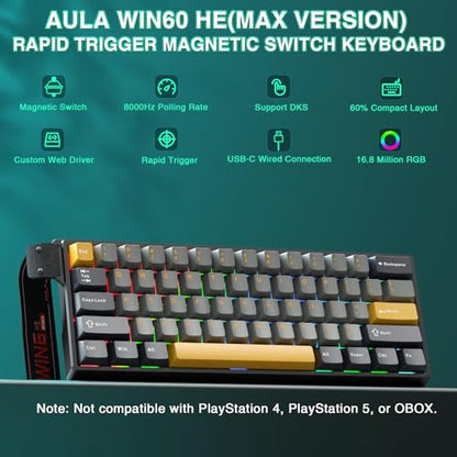 AULA WIN60 HE MAX - 60% Mechanical Gaming Keyboard Wired, Hall Effect Magnetic Switches Hot Swappable, Adjustable Actuation Rapid Trigger Mode, 8000 Hz Polling Rate, 60 Percent Keyboard Compact Design - color: Black&Gray&Yellow